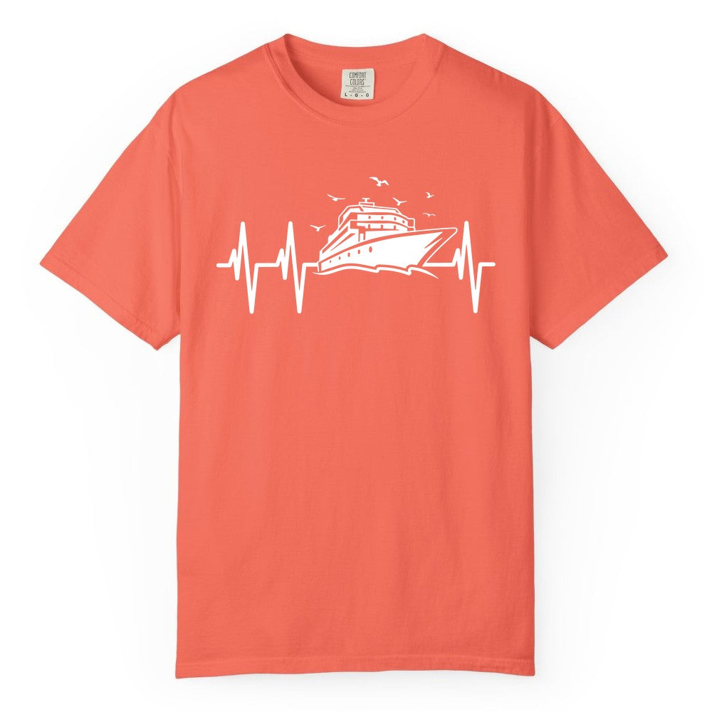 Cruise Heartbeat Shirt - Nautical Cruise Lover Gift Vacation Apparel (Comfort Color) in Bright Salmon - Cruise Heartbeat Shirt - Nautical Cruise Ship Outline With Seagulls Design