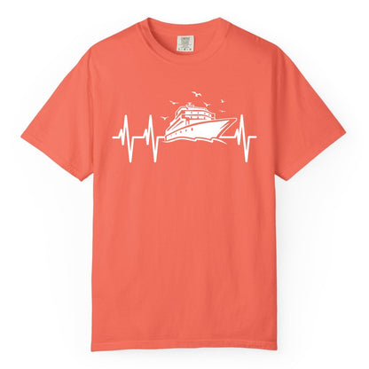 Cruise Heartbeat Shirt - Nautical Cruise Lover Gift Vacation Apparel (Comfort Color) in Bright Salmon - Cruise Heartbeat Shirt - Nautical Cruise Ship Outline With Seagulls Design