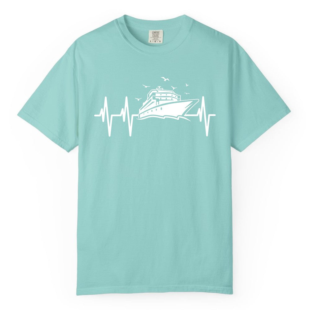 Cruise Heartbeat Shirt - Nautical Cruise Lover Gift Vacation Apparel (Comfort Color) in Chalky Mint - Cruise Heartbeat Shirt - Nautical Cruise Ship Outline With Seagulls Design