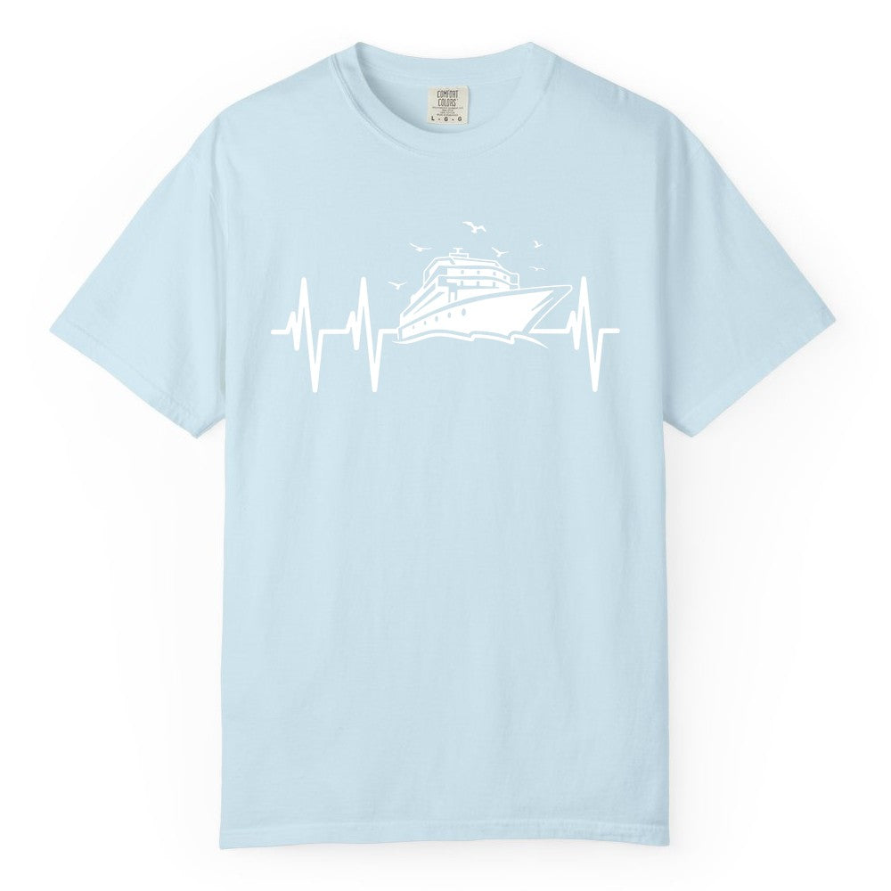 Cruise Heartbeat Shirt - Nautical Cruise Lover Gift Vacation Apparel (Comfort Color) in Chambray - Cruise Heartbeat Shirt - Nautical Cruise Ship Outline With Seagulls Design