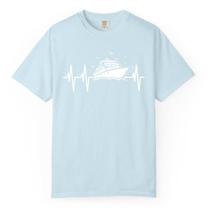 Cruise Heartbeat Shirt - Nautical Cruise Lover Gift Vacation Apparel (Comfort Color) in Chambray - Cruise Heartbeat Shirt - Nautical Cruise Ship Outline With Seagulls Design