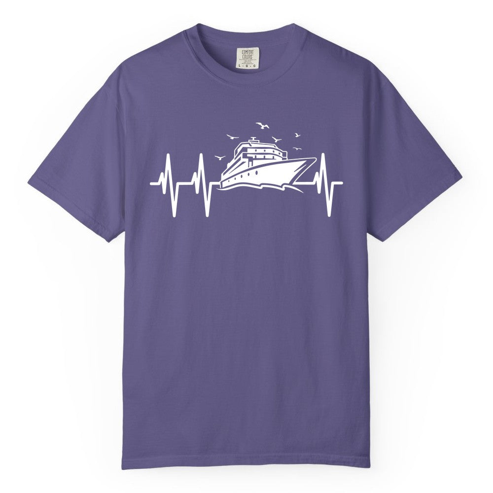 Cruise Heartbeat Shirt - Nautical Cruise Lover Gift Vacation Apparel (Comfort Color) in Grape - Cruise Heartbeat Shirt - Nautical Cruise Ship Outline With Seagulls Design