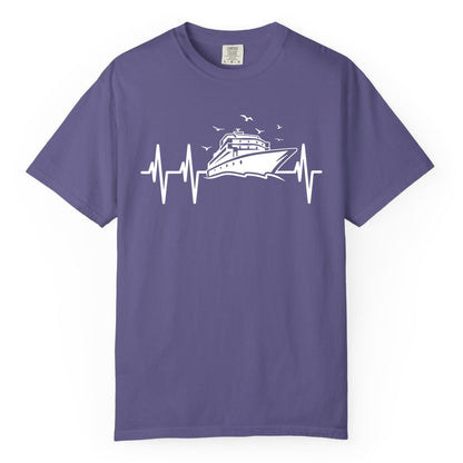 Cruise Heartbeat Shirt - Nautical Cruise Lover Gift Vacation Apparel (Comfort Color) in Grape - Cruise Heartbeat Shirt - Nautical Cruise Ship Outline With Seagulls Design