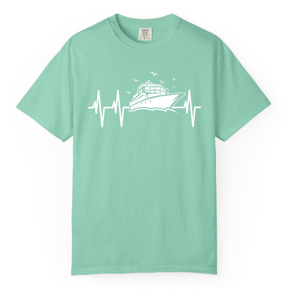 Cruise Heartbeat Shirt - Nautical Cruise Lover Gift Vacation Apparel (Comfort Color) in Island Reef - Cruise Heartbeat Shirt - Nautical Cruise Ship Outline With Seagulls Design