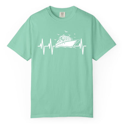 Cruise Heartbeat Shirt - Nautical Cruise Lover Gift Vacation Apparel (Comfort Color) in Island Reef - Cruise Heartbeat Shirt - Nautical Cruise Ship Outline With Seagulls Design