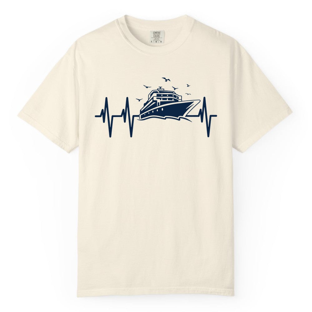 Cruise Heartbeat Shirt - Nautical Cruise Lover Gift Vacation Apparel (Comfort Color) in Ivory - Cruise Heartbeat Shirt - Nautical Cruise Ship Outline With Seagulls Design