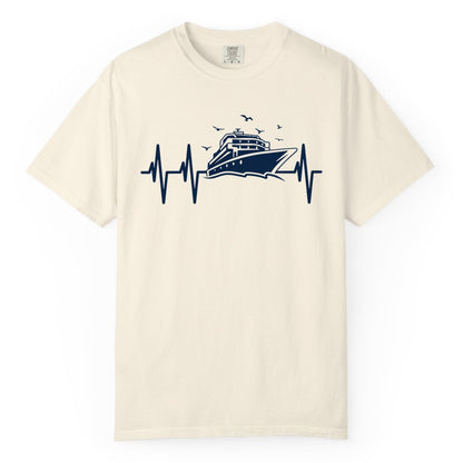 Cruise Heartbeat Shirt - Nautical Cruise Lover Gift Vacation Apparel (Comfort Color) in Ivory - Cruise Heartbeat Shirt - Nautical Cruise Ship Outline With Seagulls Design