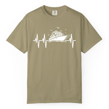Cruise Heartbeat Shirt - Nautical Cruise Lover Gift Vacation Apparel (Comfort Color) in Khaki - Cruise Heartbeat Shirt - Nautical Cruise Ship Outline With Seagulls Design