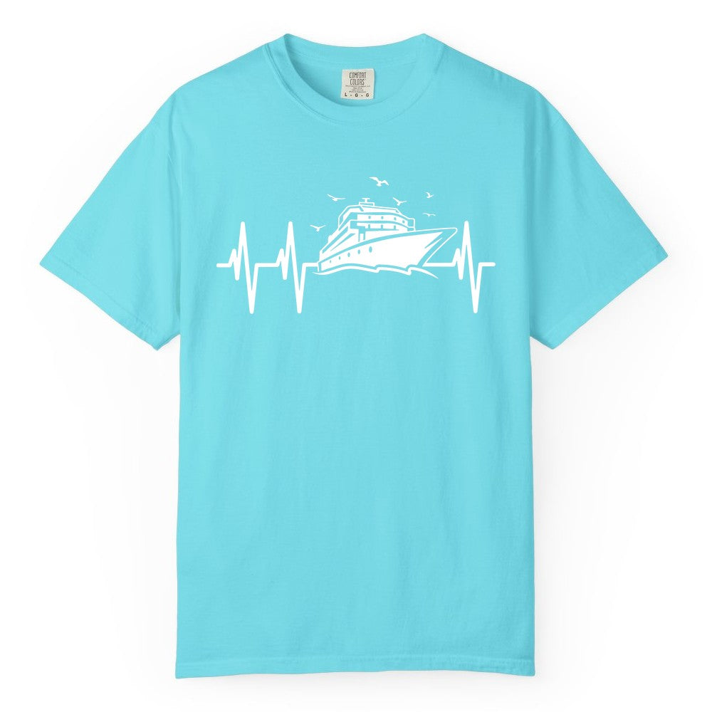 Cruise Heartbeat Shirt - Nautical Cruise Lover Gift Vacation Apparel (Comfort Color) in Lagoon Blue - Cruise Heartbeat Shirt - Nautical Cruise Ship Outline With Seagulls Design