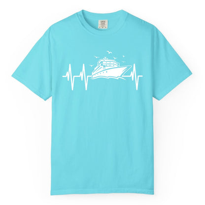 Cruise Heartbeat Shirt - Nautical Cruise Lover Gift Vacation Apparel (Comfort Color) in Lagoon Blue - Cruise Heartbeat Shirt - Nautical Cruise Ship Outline With Seagulls Design