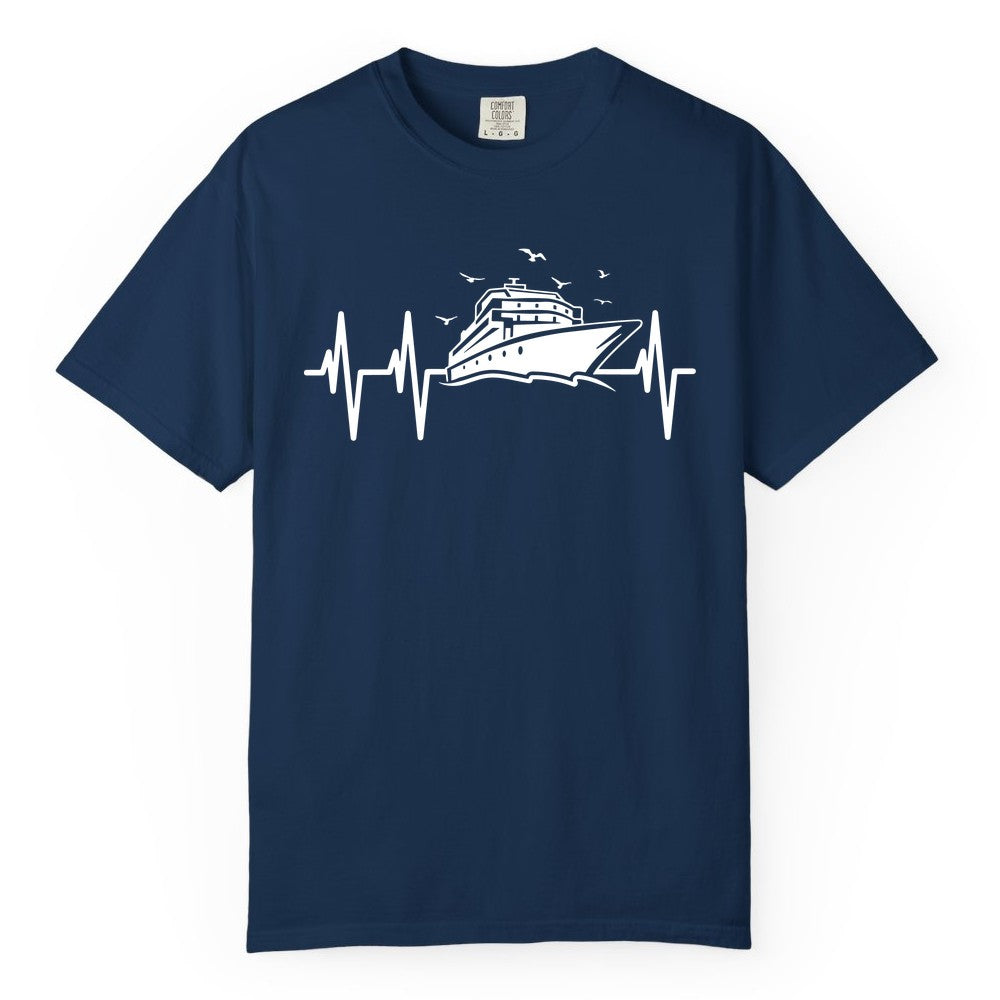 Cruise Heartbeat Shirt - Nautical Cruise Lover Gift Vacation Apparel (Comfort Color) in Navy - Cruise Heartbeat Shirt - Nautical Cruise Ship Outline With Seagulls Design