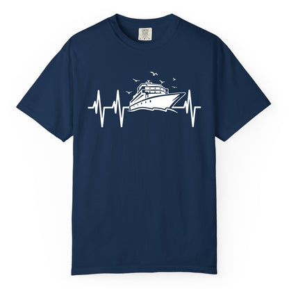Cruise Heartbeat Shirt - Nautical Cruise Lover Gift Vacation Apparel (Comfort Color) in Navy - Cruise Heartbeat Shirt - Nautical Cruise Ship Outline With Seagulls Design