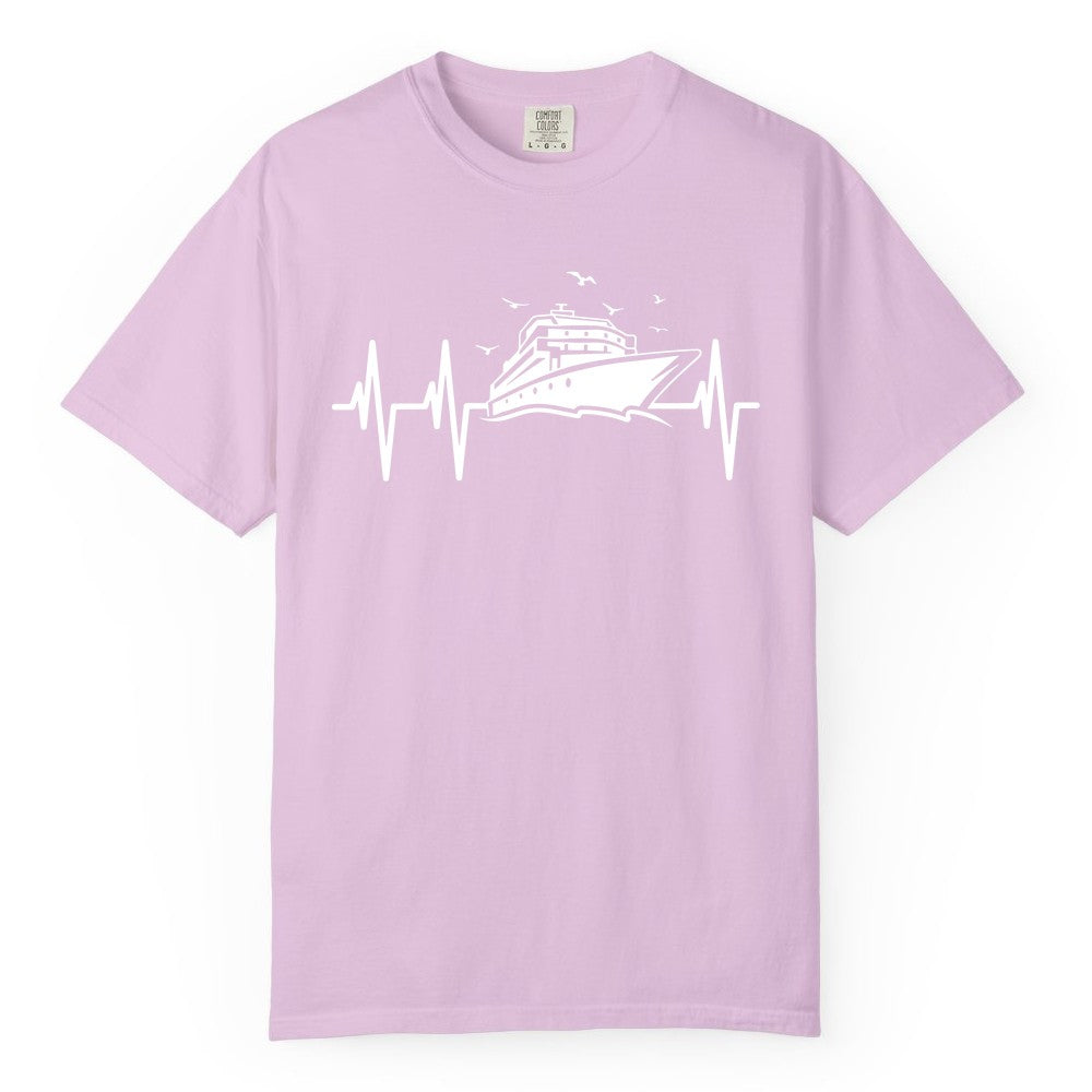 Cruise Heartbeat Shirt - Nautical Cruise Lover Gift Vacation Apparel (Comfort Color) in Orchid - Cruise Heartbeat Shirt - Nautical Cruise Ship Outline With Seagulls Design