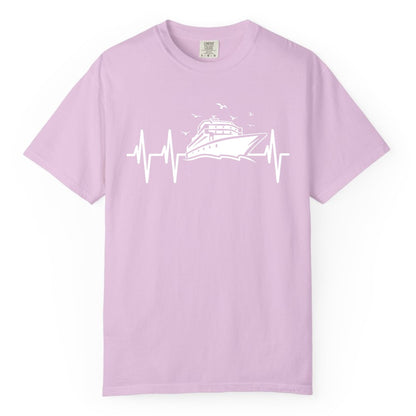 Cruise Heartbeat Shirt - Nautical Cruise Lover Gift Vacation Apparel (Comfort Color) in Orchid - Cruise Heartbeat Shirt - Nautical Cruise Ship Outline With Seagulls Design