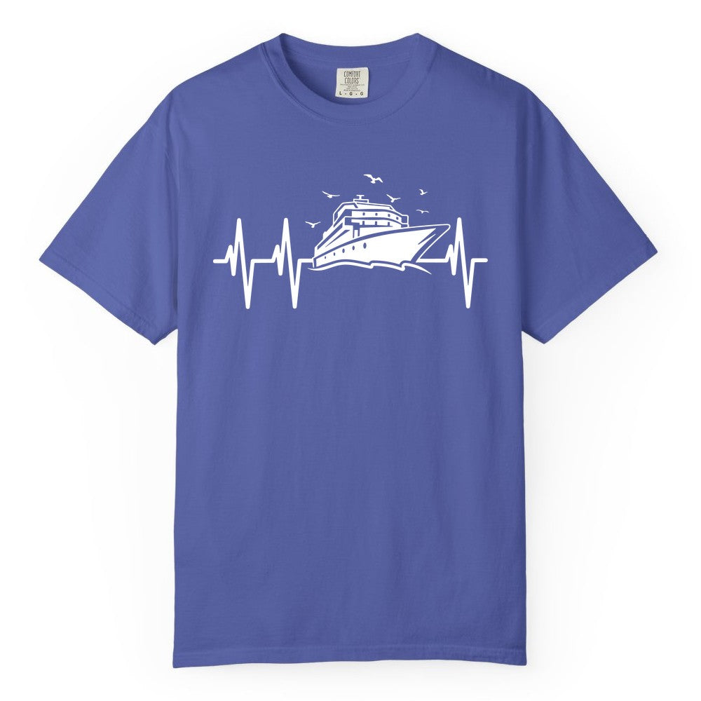 Cruise Heartbeat Shirt - Nautical Cruise Lover Gift Vacation Apparel (Comfort Color) in Periwinkle - Cruise Heartbeat Shirt - Nautical Cruise Ship Outline With Seagulls Design