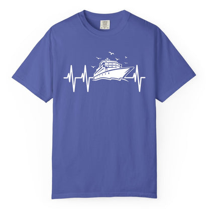 Cruise Heartbeat Shirt - Nautical Cruise Lover Gift Vacation Apparel (Comfort Color) in Periwinkle - Cruise Heartbeat Shirt - Nautical Cruise Ship Outline With Seagulls Design
