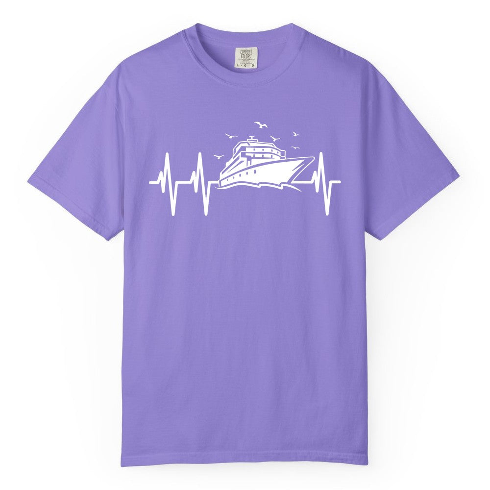 Cruise Heartbeat Shirt - Nautical Cruise Lover Gift Vacation Apparel (Comfort Color) in Violet - Cruise Heartbeat Shirt - Nautical Cruise Ship Outline With Seagulls Design