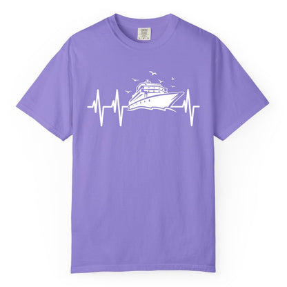 Cruise Heartbeat Shirt - Nautical Cruise Lover Gift Vacation Apparel (Comfort Color) in Violet - Cruise Heartbeat Shirt - Nautical Cruise Ship Outline With Seagulls Design