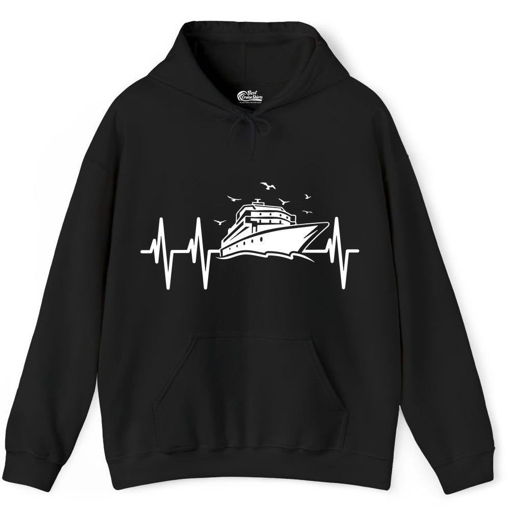 Cruise Heartbeat Shirt - Nautical Cruise Lover Gift Vacation Apparel (Hoodie) in Black - Cruise Heartbeat Shirt - Nautical Cruise Ship Outline With Seagulls Design