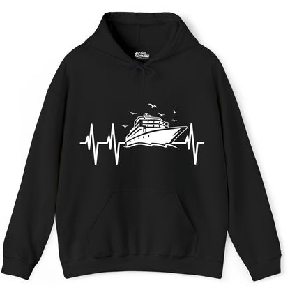 Cruise Heartbeat Shirt - Nautical Cruise Lover Gift Vacation Apparel (Hoodie) in Black - Cruise Heartbeat Shirt - Nautical Cruise Ship Outline With Seagulls Design