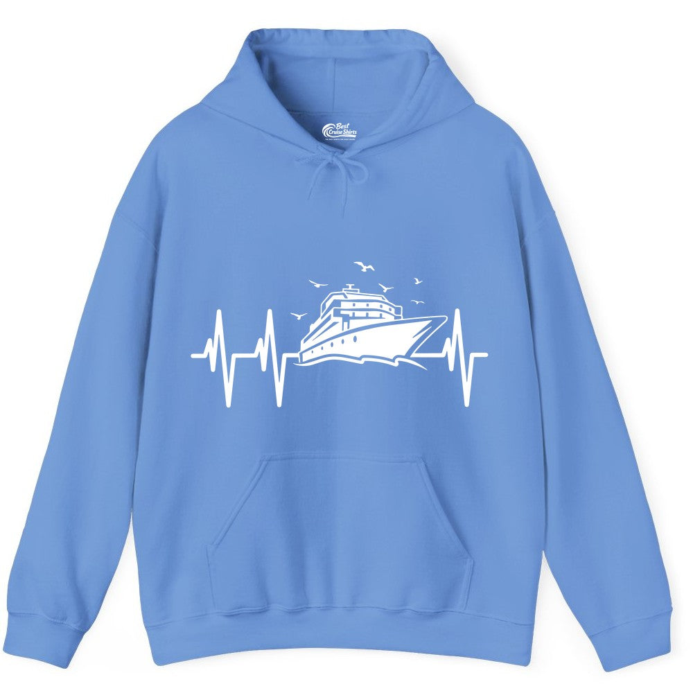 Cruise Heartbeat Shirt - Nautical Cruise Lover Gift Vacation Apparel (Hoodie) in Carolina Blue - Cruise Heartbeat Shirt - Nautical Cruise Ship Outline With Seagulls Design