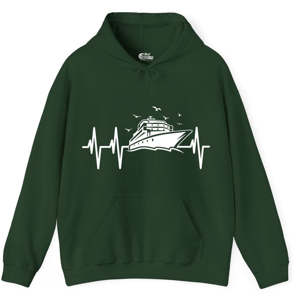Cruise Heartbeat Shirt - Nautical Cruise Lover Gift Vacation Apparel (Hoodie) in Forest Green - Cruise Heartbeat Shirt - Nautical Cruise Ship Outline With Seagulls Design