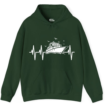 Cruise Heartbeat Shirt - Nautical Cruise Lover Gift Vacation Apparel (Hoodie) in Forest Green - Cruise Heartbeat Shirt - Nautical Cruise Ship Outline With Seagulls Design