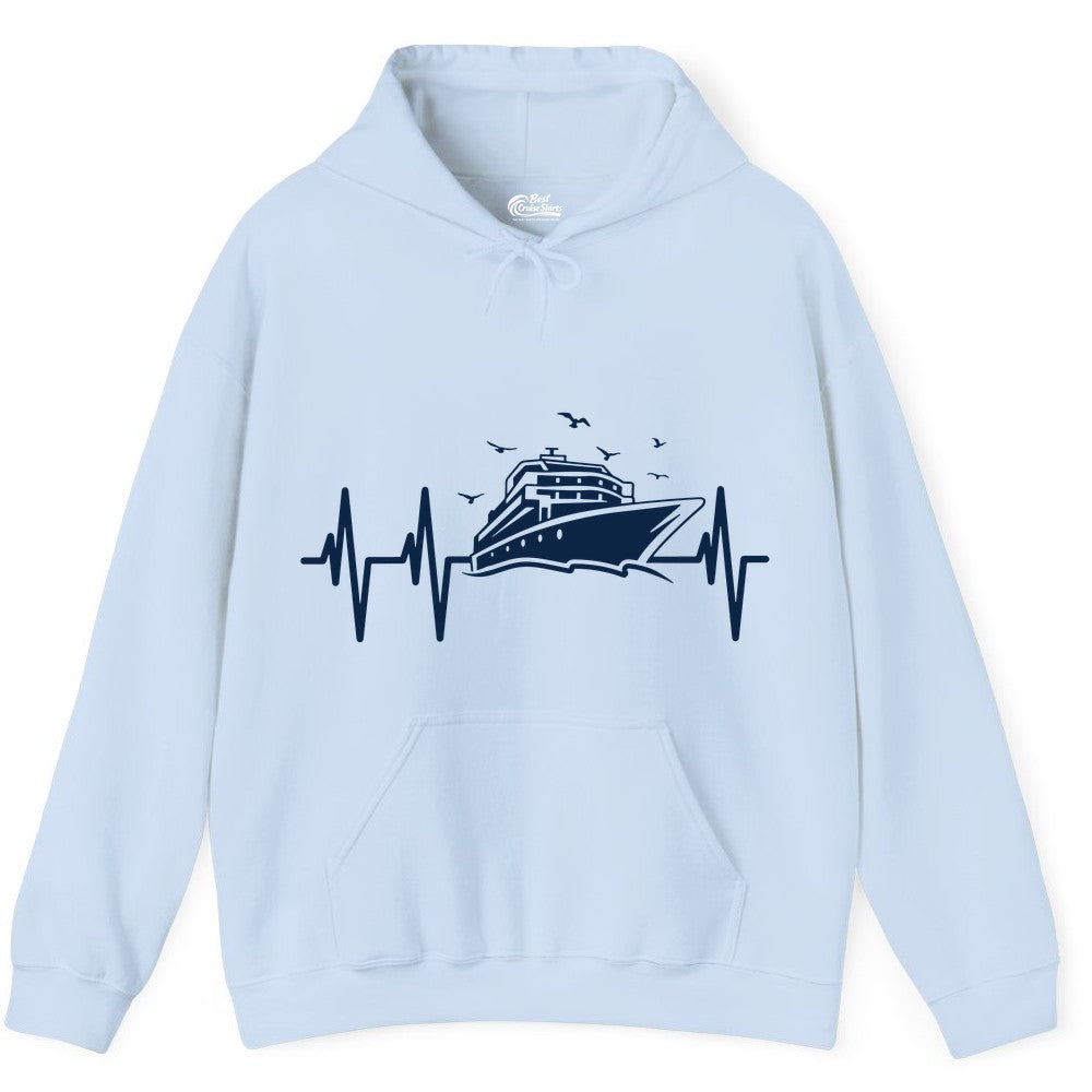 Cruise Heartbeat Shirt - Nautical Cruise Lover Gift Vacation Apparel (Hoodie) in Light Blue - Cruise Heartbeat Shirt - Nautical Cruise Ship Outline With Seagulls Design