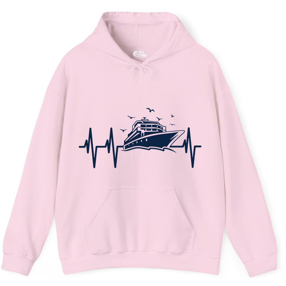 Cruise Heartbeat Shirt - Nautical Cruise Lover Gift Vacation Apparel (Hoodie) in Light Pink - Cruise Heartbeat Shirt - Nautical Cruise Ship Outline With Seagulls Design