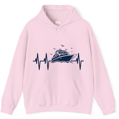 Cruise Heartbeat Shirt - Nautical Cruise Lover Gift Vacation Apparel (Hoodie) in Light Pink - Cruise Heartbeat Shirt - Nautical Cruise Ship Outline With Seagulls Design