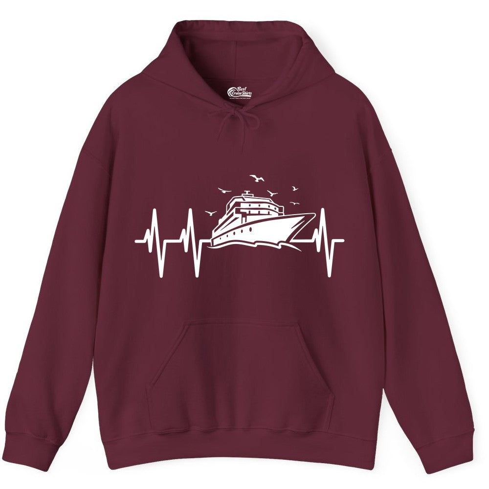 Cruise Heartbeat Shirt - Nautical Cruise Lover Gift Vacation Apparel (Hoodie) in Maroon - Cruise Heartbeat Shirt - Nautical Cruise Ship Outline With Seagulls Design