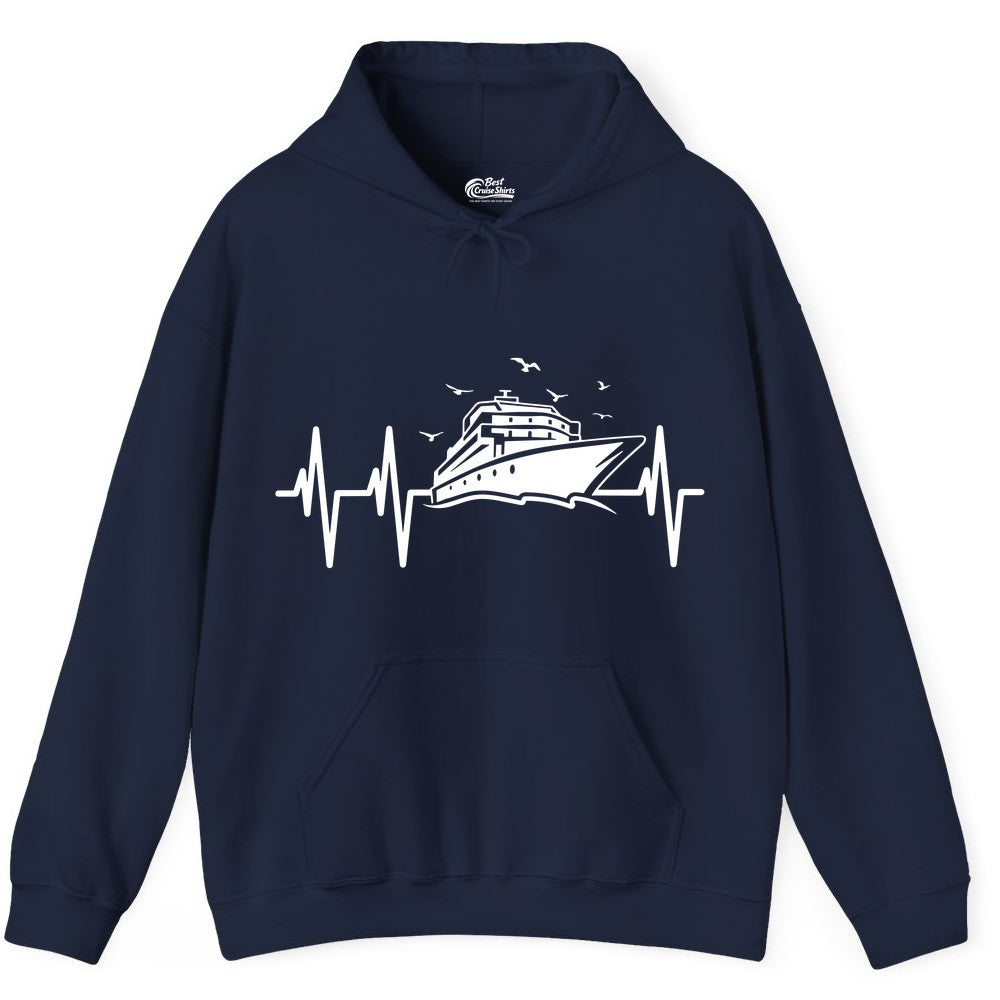 Cruise Heartbeat Shirt - Nautical Cruise Lover Gift Vacation Apparel (Hoodie) in Navy - Cruise Heartbeat Shirt - Nautical Cruise Ship Outline With Seagulls Design