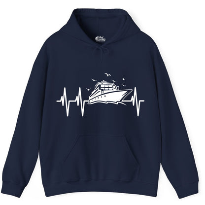 Cruise Heartbeat Shirt - Nautical Cruise Lover Gift Vacation Apparel (Hoodie) in Navy - Cruise Heartbeat Shirt - Nautical Cruise Ship Outline With Seagulls Design