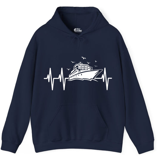 Cruise Heartbeat Shirt - Nautical Cruise Lover Gift Vacation Apparel (Hoodie) in Navy - Cruise Heartbeat Shirt - Nautical Cruise Ship Outline With Seagulls Design