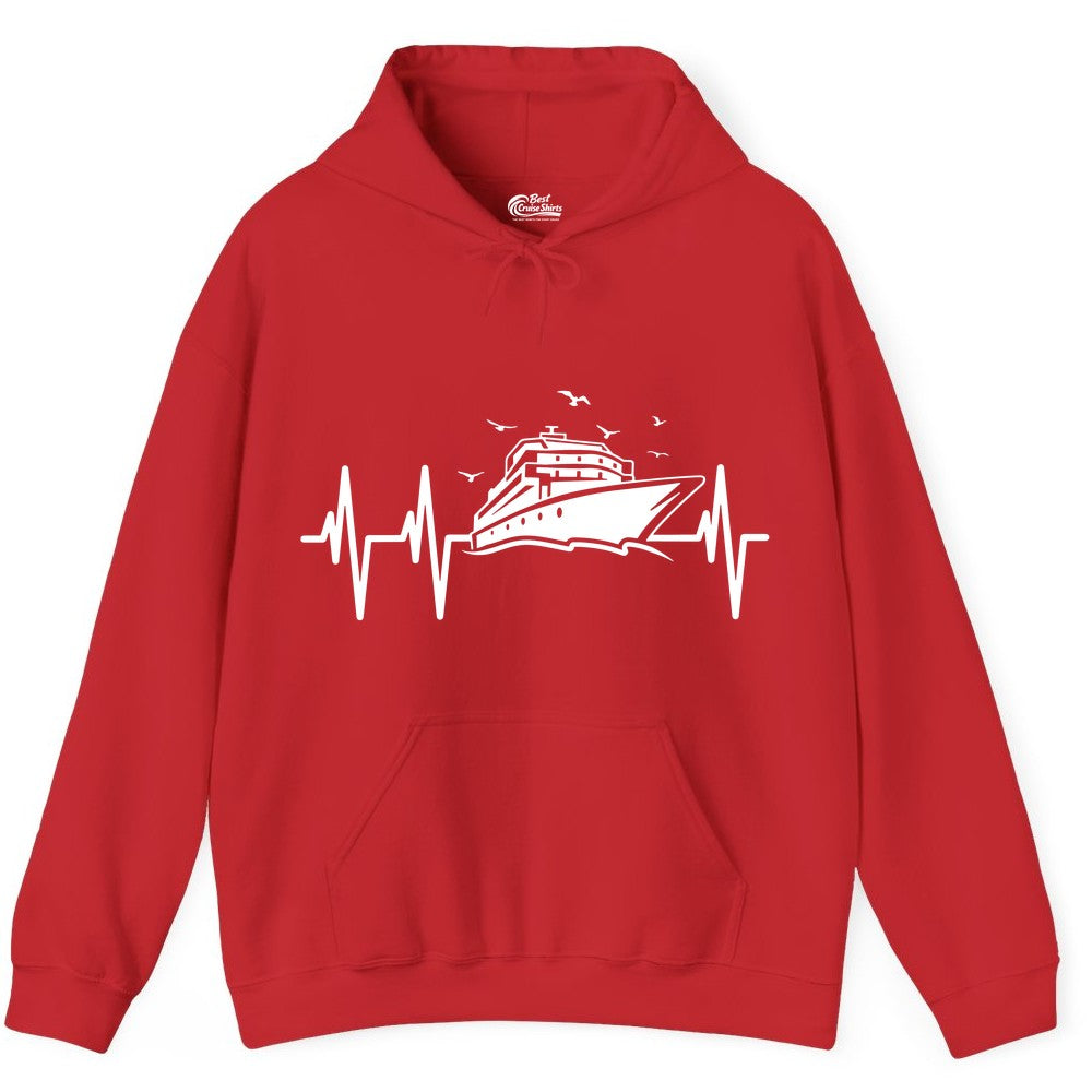 Cruise Heartbeat Shirt - Nautical Cruise Lover Gift Vacation Apparel (Hoodie) in Red - Cruise Heartbeat Shirt - Nautical Cruise Ship Outline With Seagulls Design