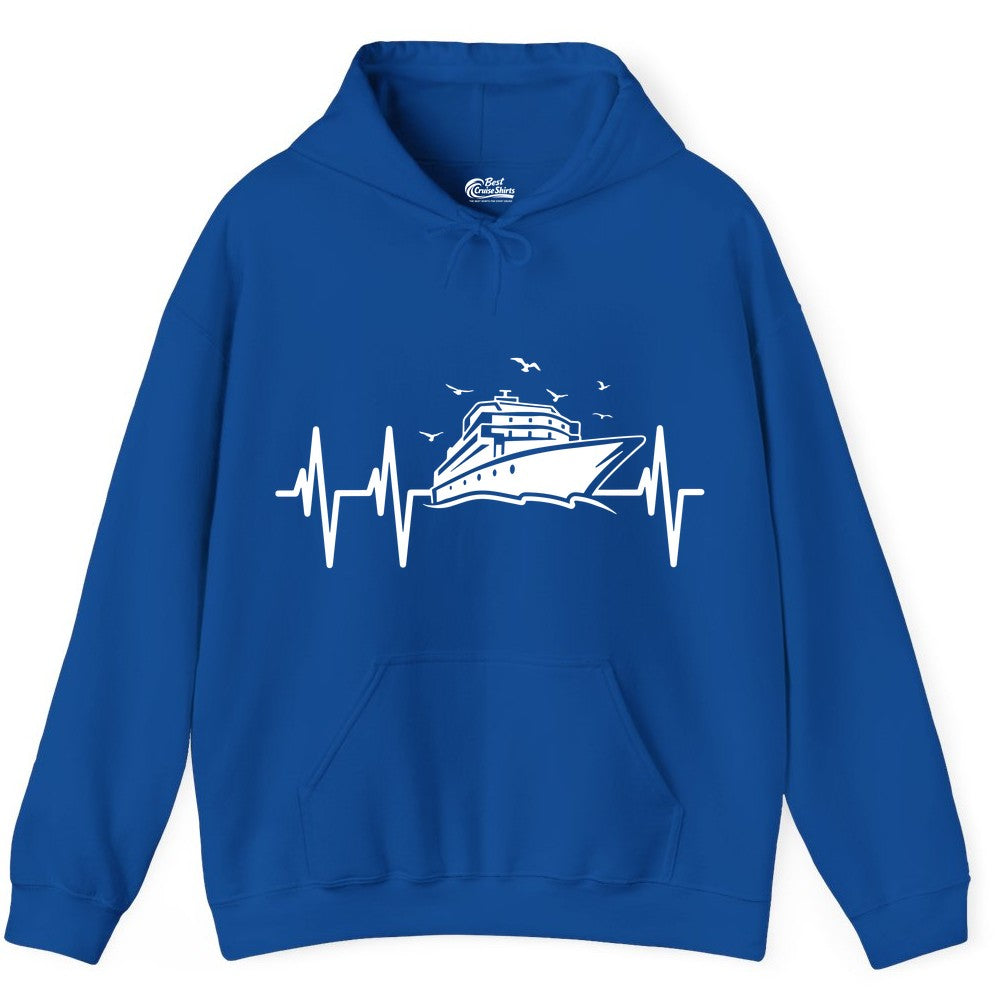 Cruise Heartbeat Shirt - Nautical Cruise Lover Gift Vacation Apparel (Hoodie) in Royal - Cruise Heartbeat Shirt - Nautical Cruise Ship Outline With Seagulls Design