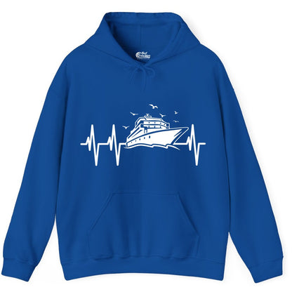 Cruise Heartbeat Shirt - Nautical Cruise Lover Gift Vacation Apparel (Hoodie) in Royal - Cruise Heartbeat Shirt - Nautical Cruise Ship Outline With Seagulls Design