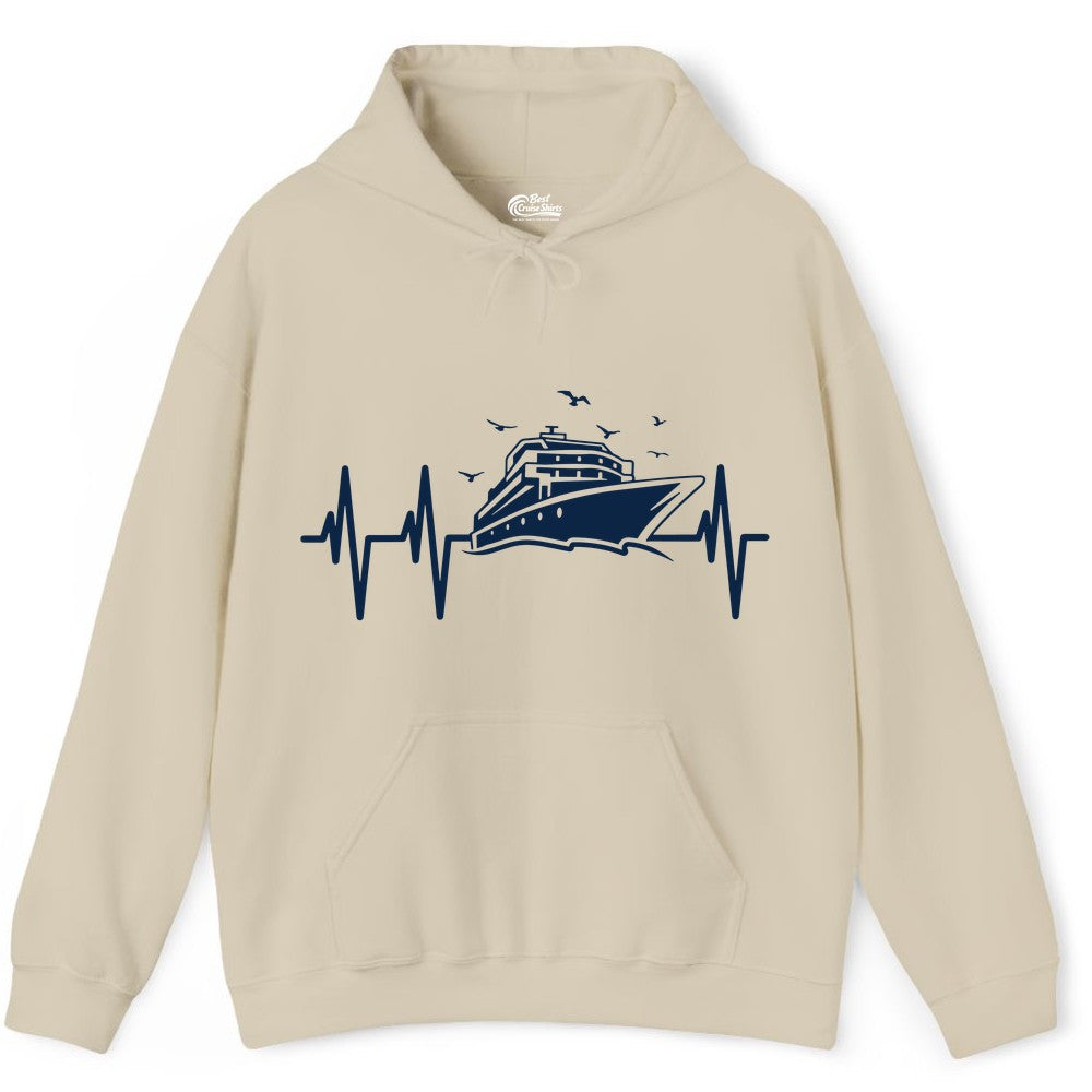 Cruise Heartbeat Shirt - Nautical Cruise Lover Gift Vacation Apparel (Hoodie) in Sand - Cruise Heartbeat Shirt - Nautical Cruise Ship Outline With Seagulls Design