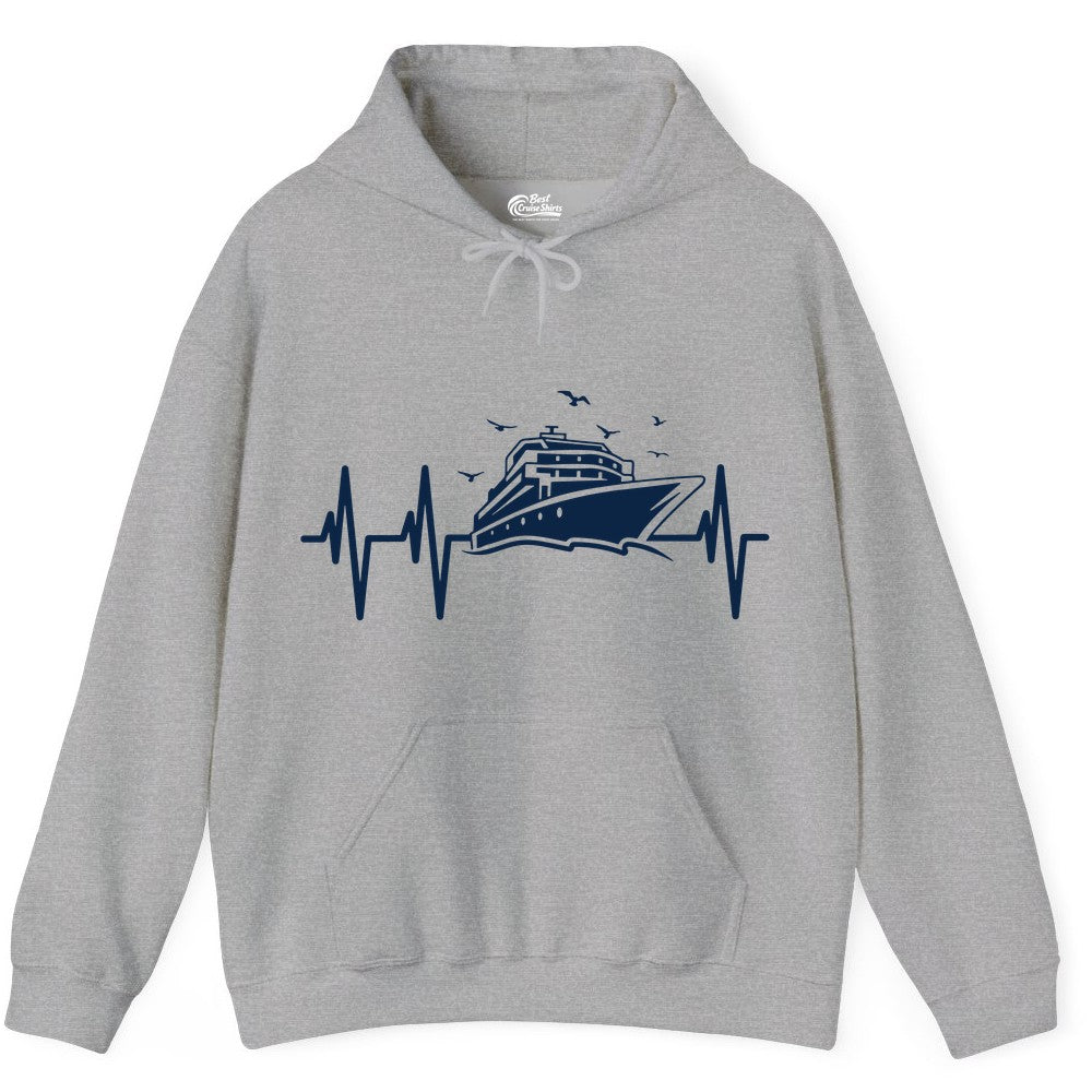 Cruise Heartbeat Shirt - Nautical Cruise Lover Gift Vacation Apparel (Hoodie) in Sport Grey - Cruise Heartbeat Shirt - Nautical Cruise Ship Outline With Seagulls Design