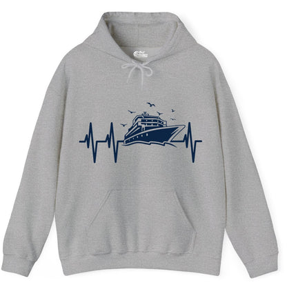 Cruise Heartbeat Shirt - Nautical Cruise Lover Gift Vacation Apparel (Hoodie) in Sport Grey - Cruise Heartbeat Shirt - Nautical Cruise Ship Outline With Seagulls Design