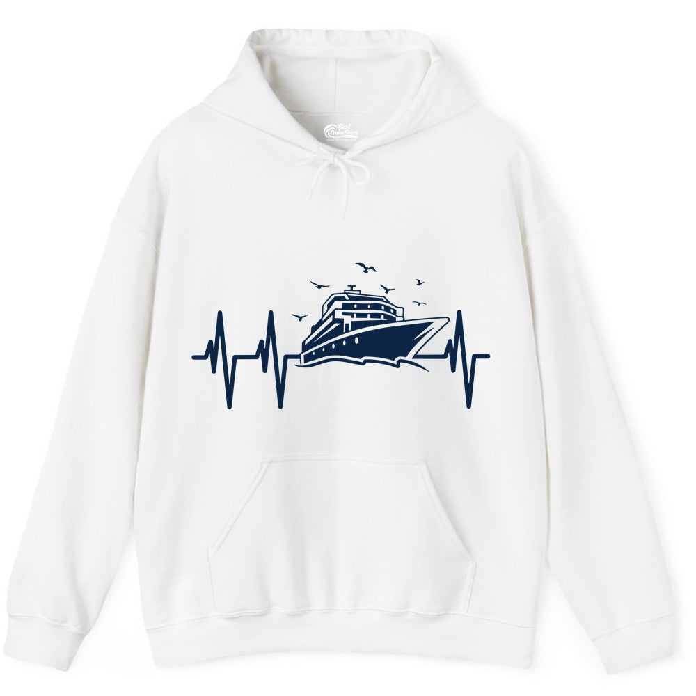 Cruise Heartbeat Shirt - Nautical Cruise Lover Gift Vacation Apparel (Hoodie) in White - Cruise Heartbeat Shirt - Nautical Cruise Ship Outline With Seagulls Design