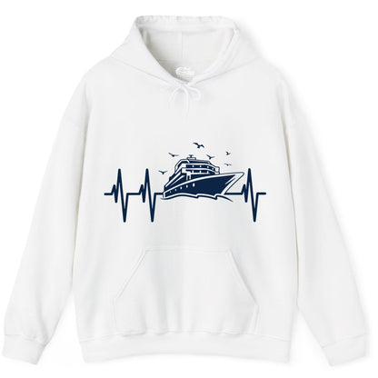 Cruise Heartbeat Shirt - Nautical Cruise Lover Gift Vacation Apparel (Hoodie) in White - Cruise Heartbeat Shirt - Nautical Cruise Ship Outline With Seagulls Design