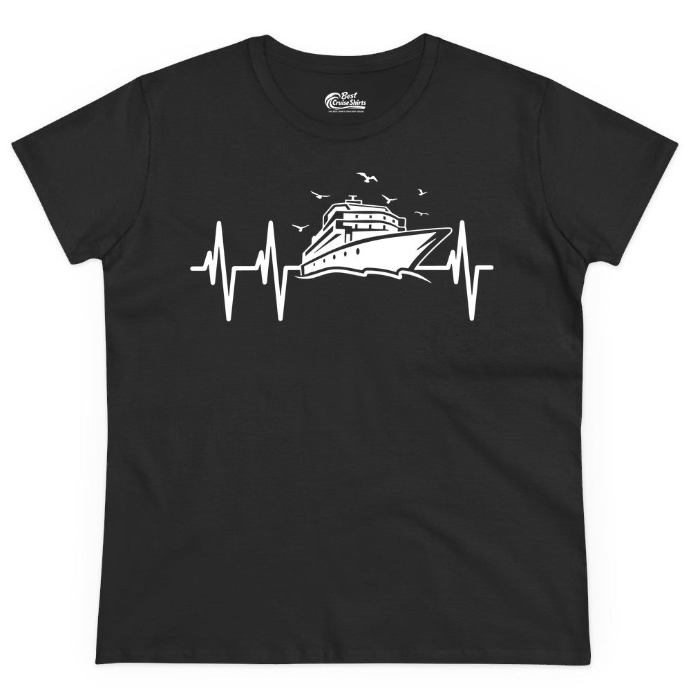 Cruise Heartbeat Shirt - Nautical Cruise Lover Gift Vacation Apparel (Ladies Tee) in Black - Cruise Heartbeat Shirt - Nautical Cruise Ship Outline With Seagulls Design