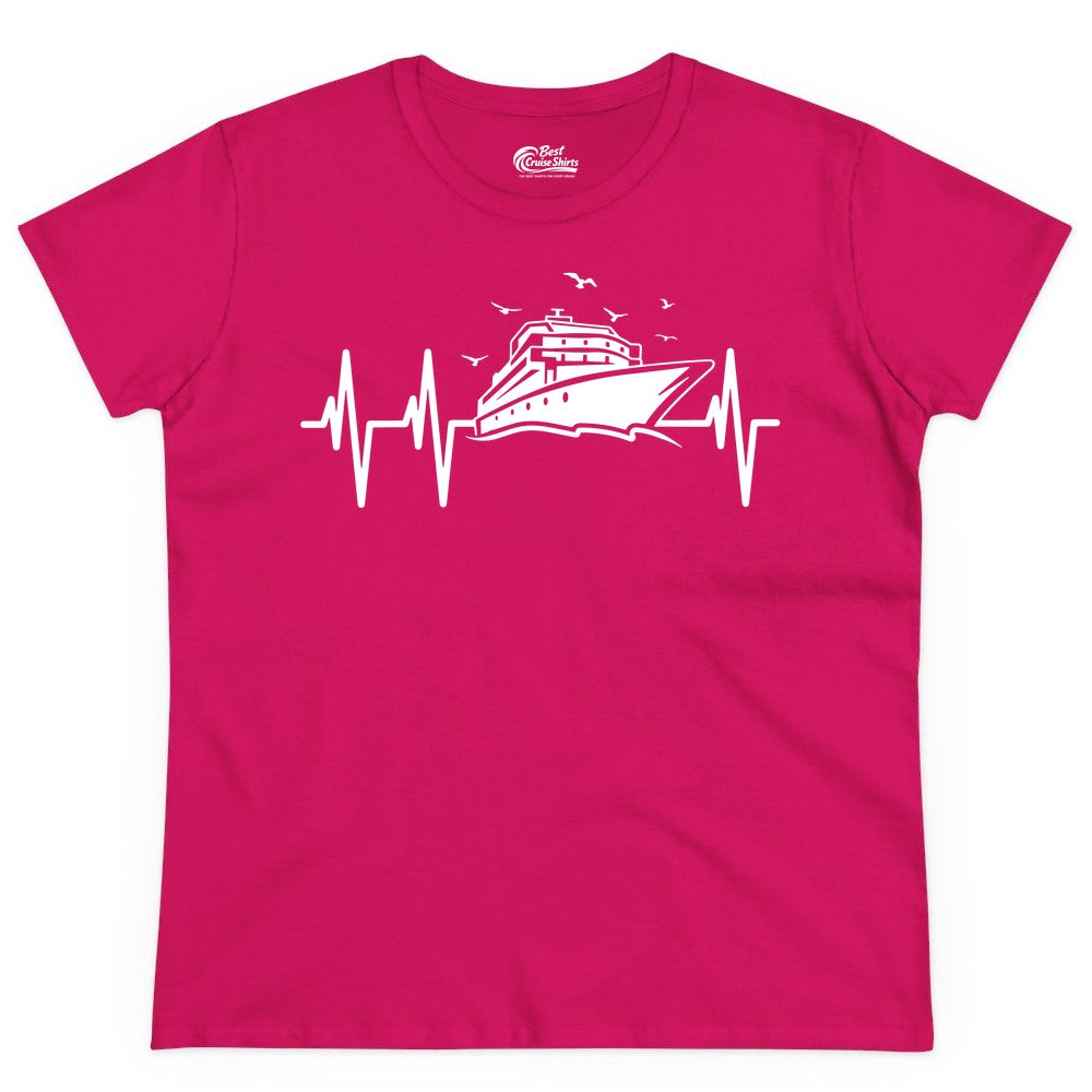 Cruise Heartbeat Shirt - Nautical Cruise Lover Gift Vacation Apparel (Ladies Tee) in Heliconia - Cruise Heartbeat Shirt - Nautical Cruise Ship Outline With Seagulls Design