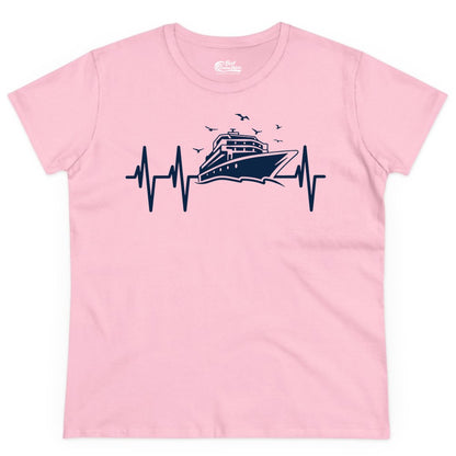 Cruise Heartbeat Shirt - Nautical Cruise Lover Gift Vacation Apparel (Ladies Tee) in Light Pink - Cruise Heartbeat Shirt - Nautical Cruise Ship Outline With Seagulls Design