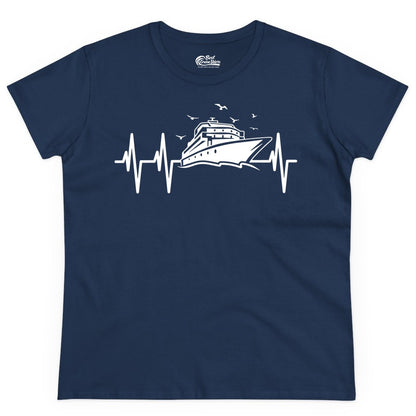 Cruise Heartbeat Shirt - Nautical Cruise Lover Gift Vacation Apparel (Ladies Tee) in Navy - Cruise Heartbeat Shirt - Nautical Cruise Ship Outline With Seagulls Design