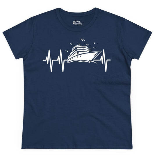 Cruise Heartbeat Shirt - Nautical Cruise Lover Gift Vacation Apparel (Ladies Tee) in Navy - Cruise Heartbeat Shirt - Nautical Cruise Ship Outline With Seagulls Design