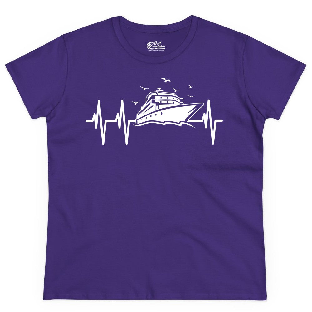 Cruise Heartbeat Shirt - Nautical Cruise Lover Gift Vacation Apparel (Ladies Tee) in Purple - Cruise Heartbeat Shirt - Nautical Cruise Ship Outline With Seagulls Design