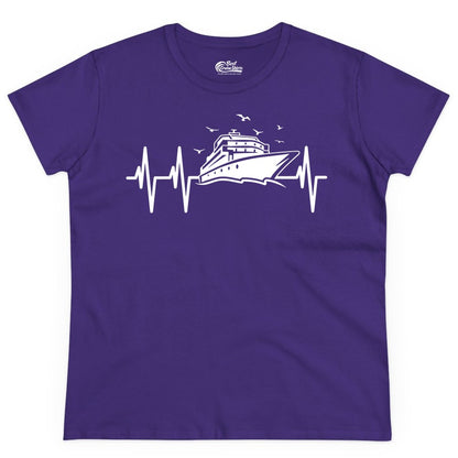 Cruise Heartbeat Shirt - Nautical Cruise Lover Gift Vacation Apparel (Ladies Tee) in Purple - Cruise Heartbeat Shirt - Nautical Cruise Ship Outline With Seagulls Design