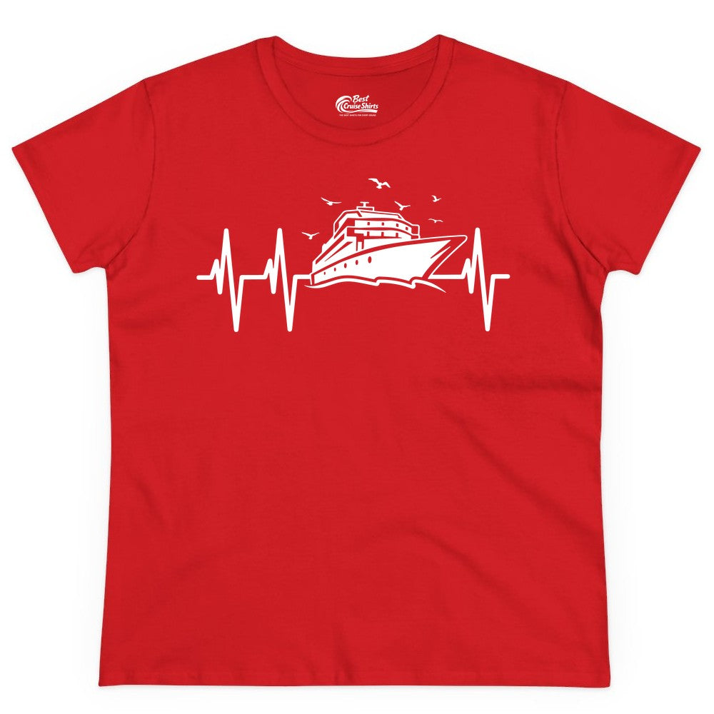 Cruise Heartbeat Shirt - Nautical Cruise Lover Gift Vacation Apparel (Ladies Tee) in Red - Cruise Heartbeat Shirt - Nautical Cruise Ship Outline With Seagulls Design